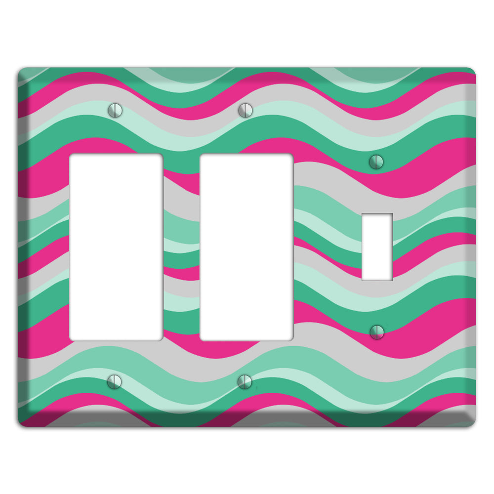 Grey Fuschia and Multi Aqua Retro Waves 2 Rocker / Toggle Wallplate