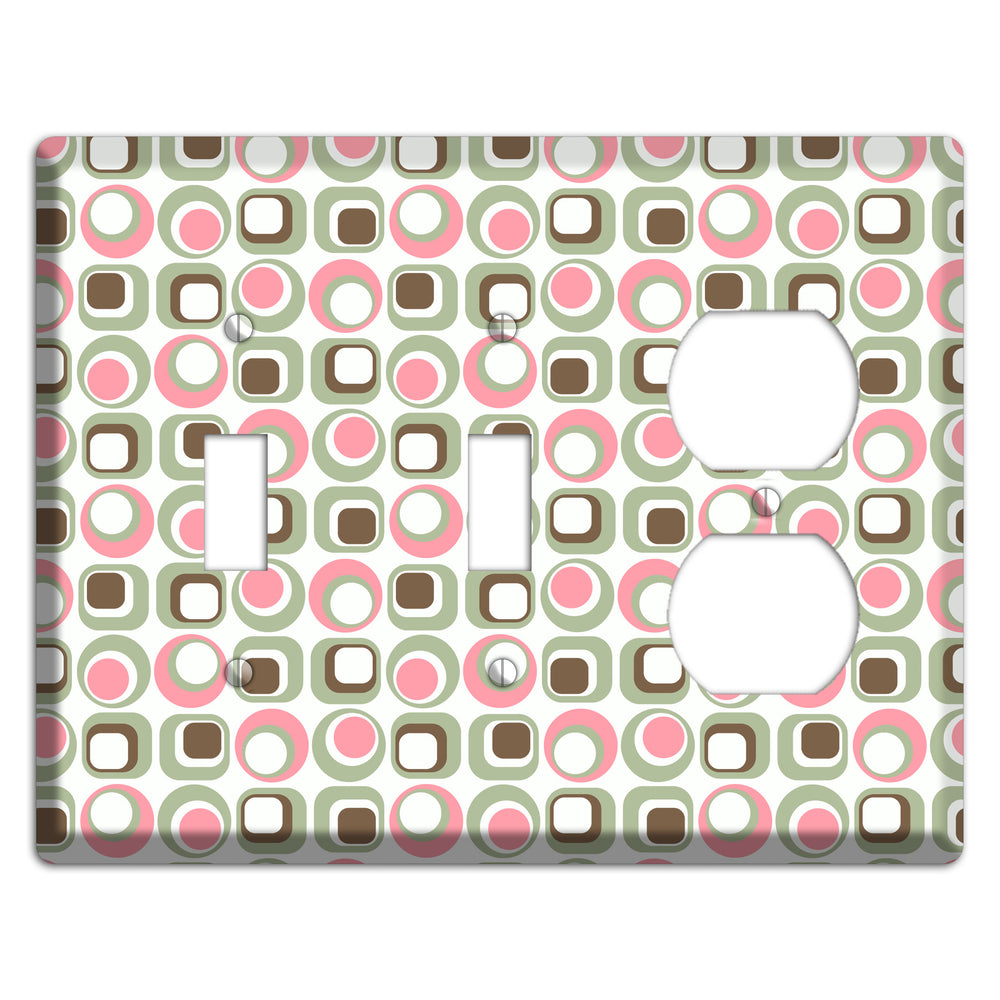 White with Pink Sage Brown Retro Squares and Circles 2 Toggle / Duplex Wallplate