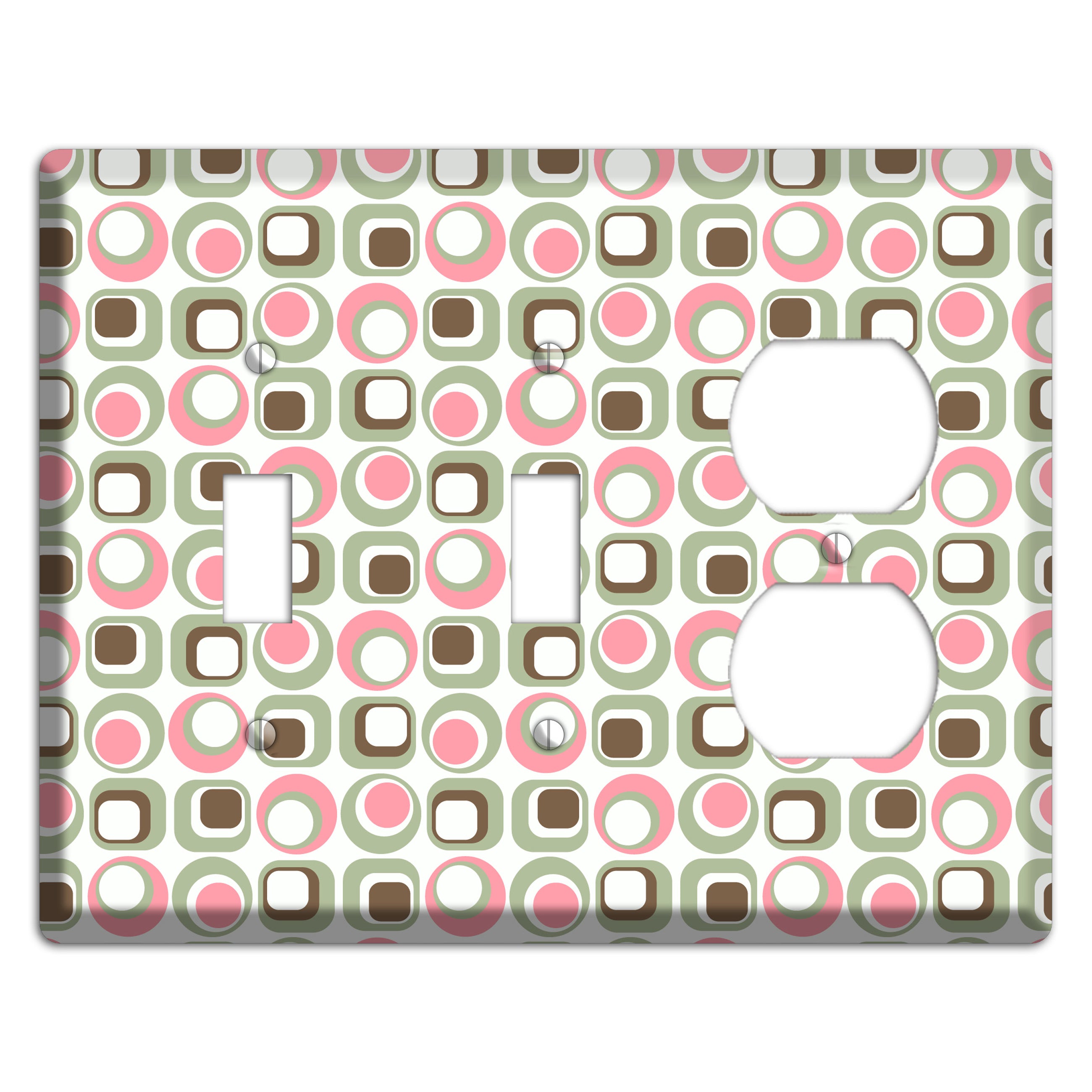 White with Pink Sage Brown Retro Squares and Circles 2 Toggle / Duplex Wallplate
