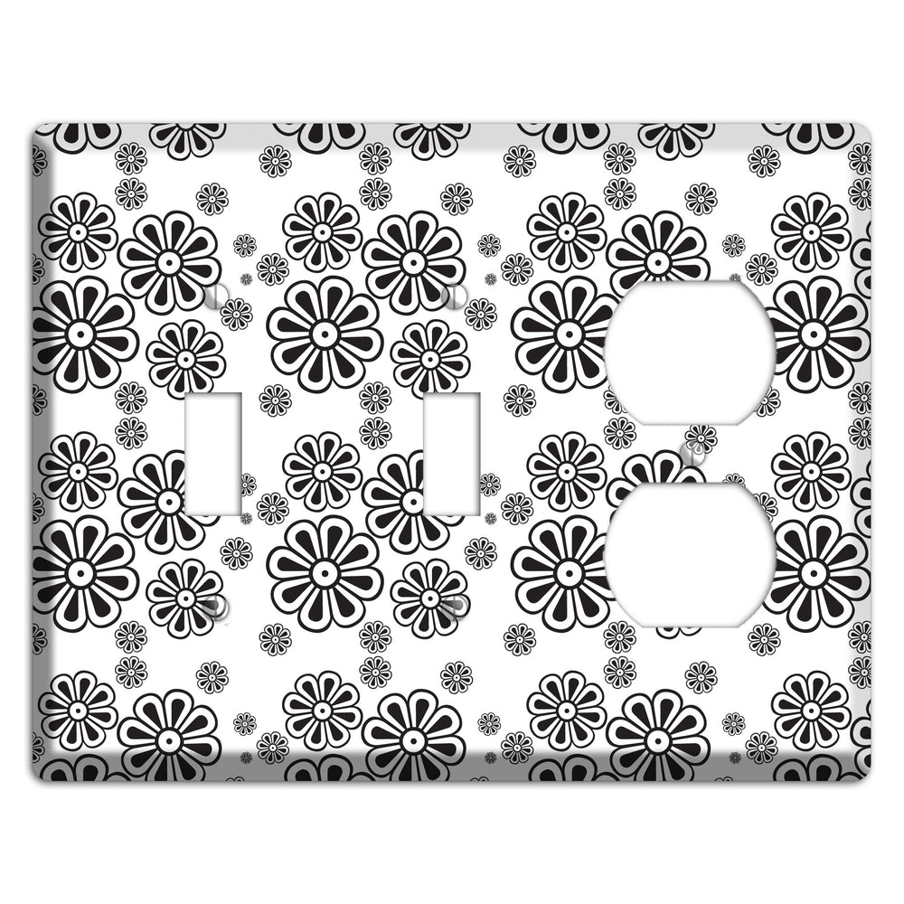 White With Black Small Retro Floral Contour 2 Toggle / Duplex Wallplate