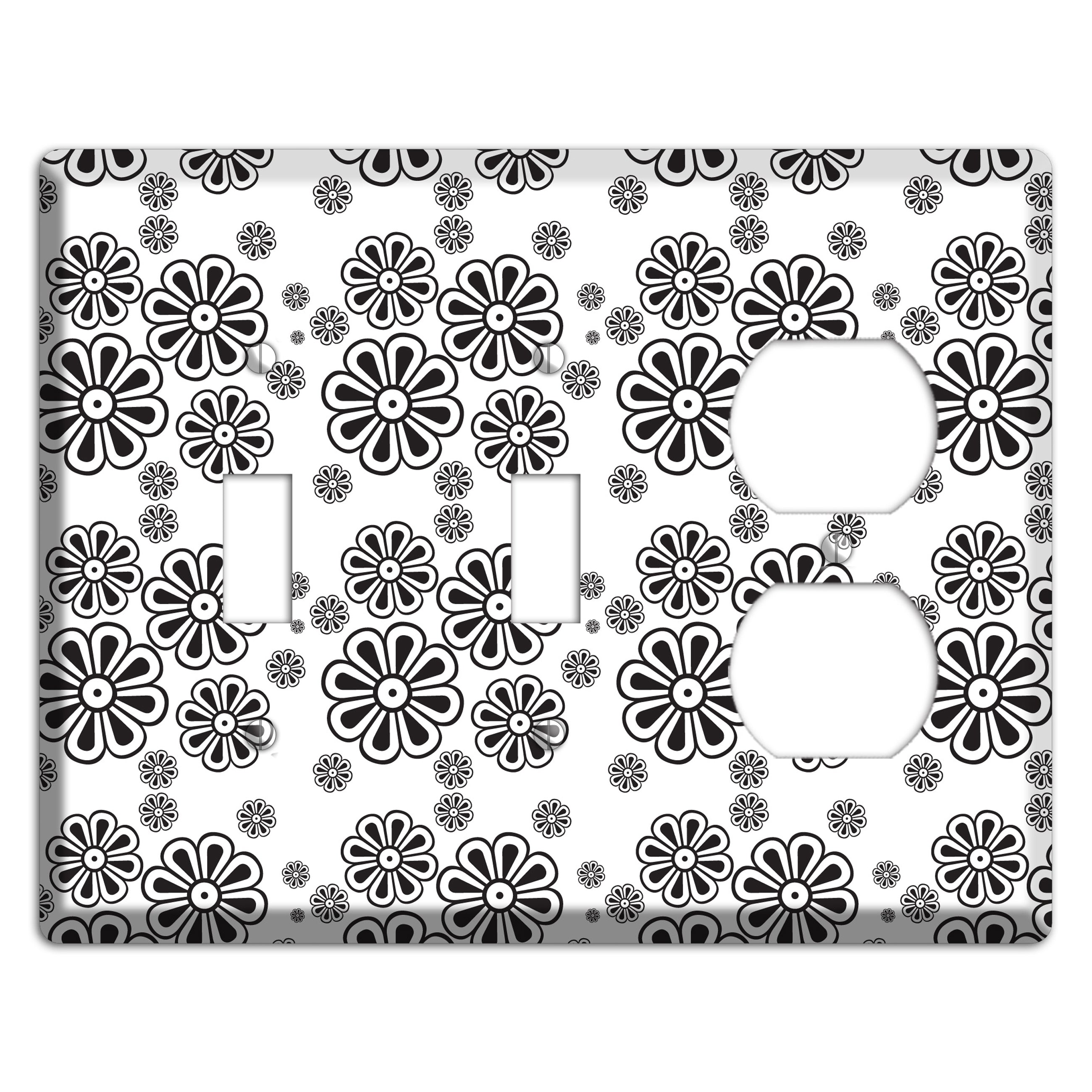 White With Black Small Retro Floral Contour 2 Toggle / Duplex Wallplate