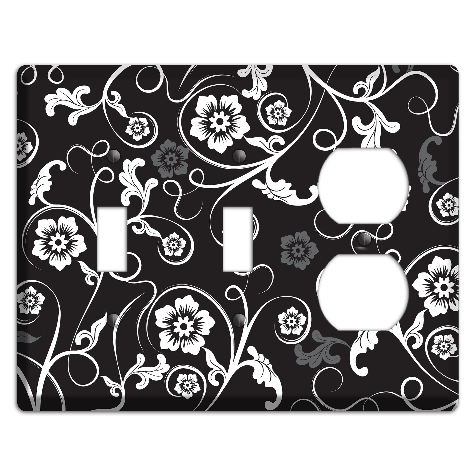 Black with White Flower Sprig 2 Toggle / Duplex Wallplate
