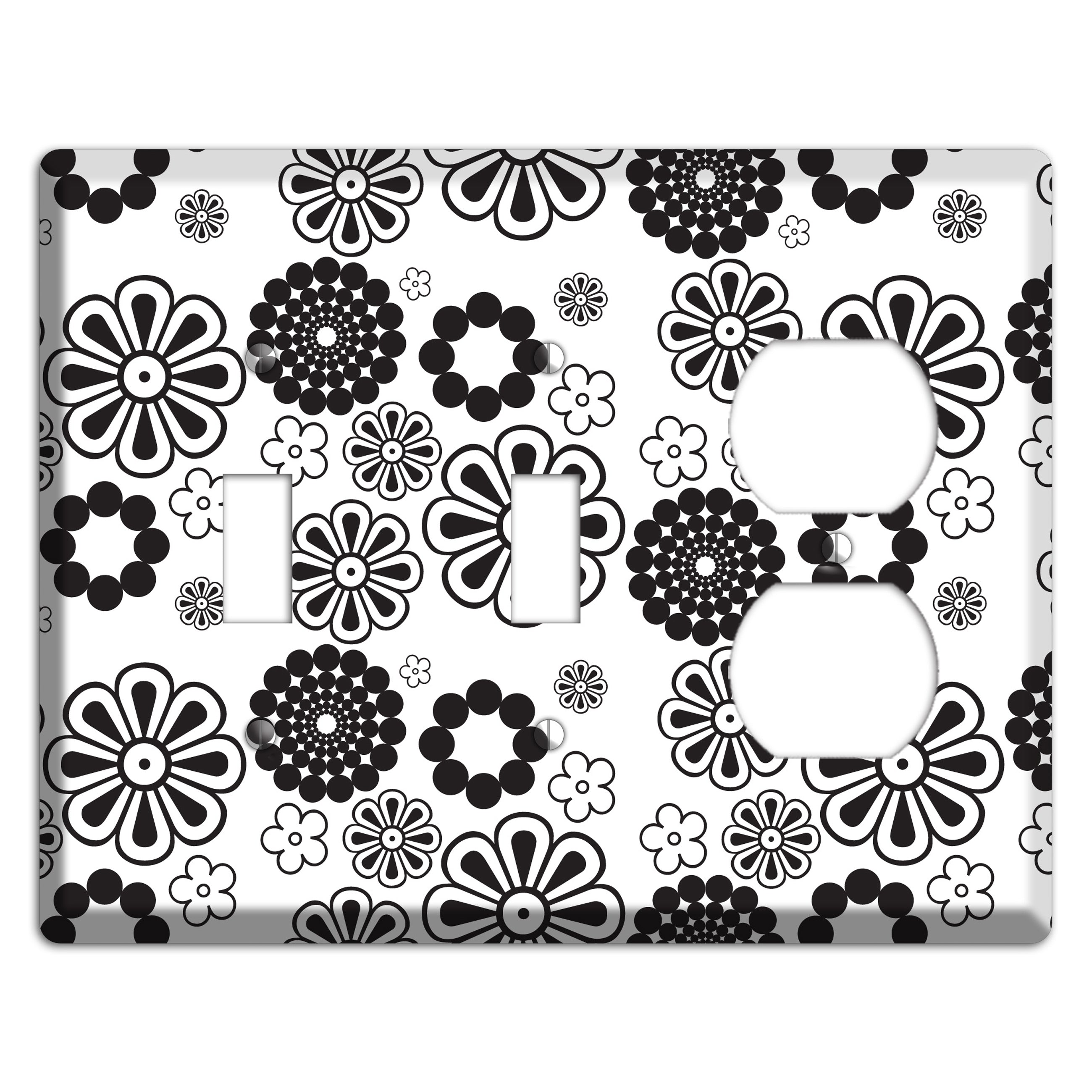 White With Black Retro Floral Contour 2 Toggle / Duplex Wallplate