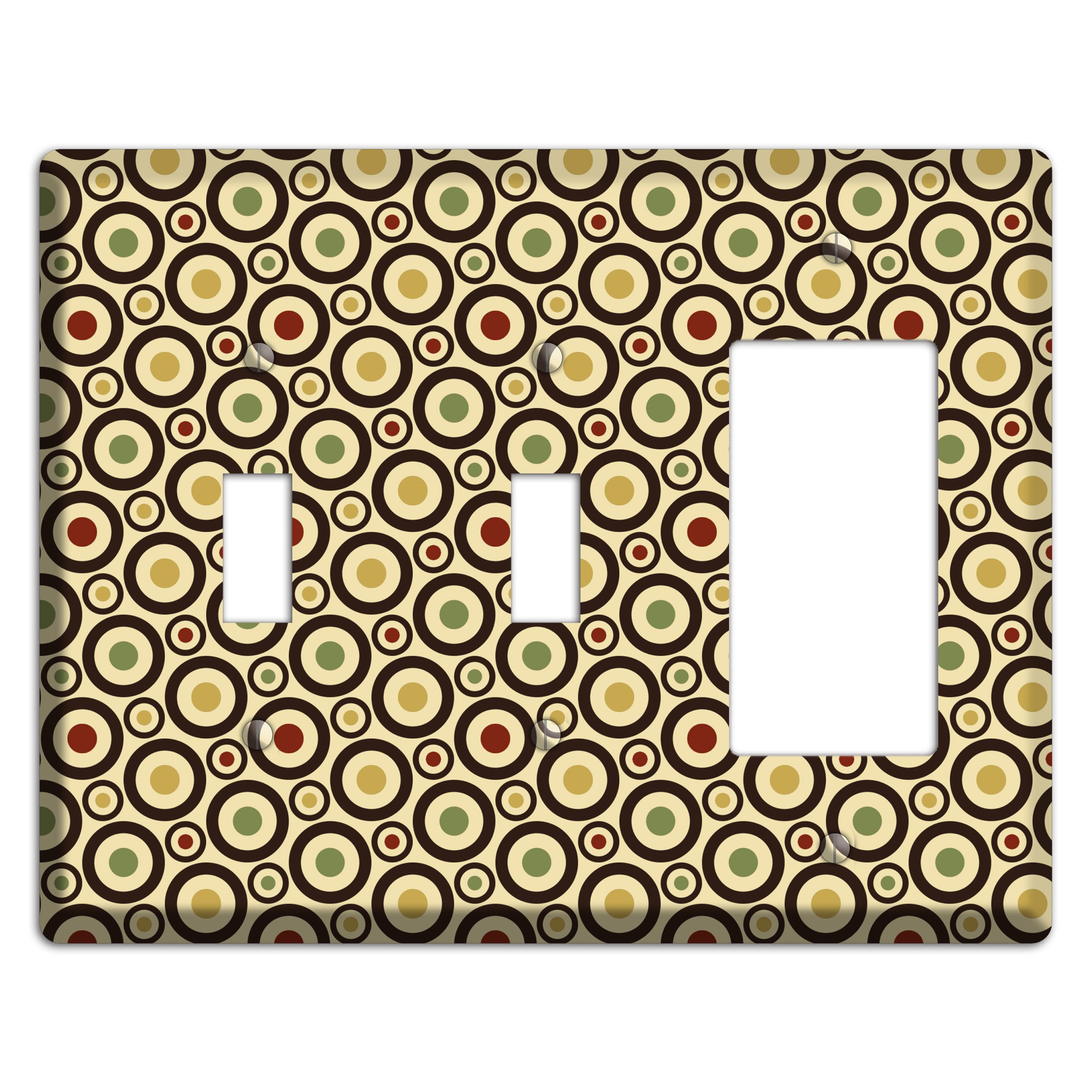 Beige with Olive Mustard Maroon Retro Tiny Bullseye 2 Toggle / Rocker Wallplate