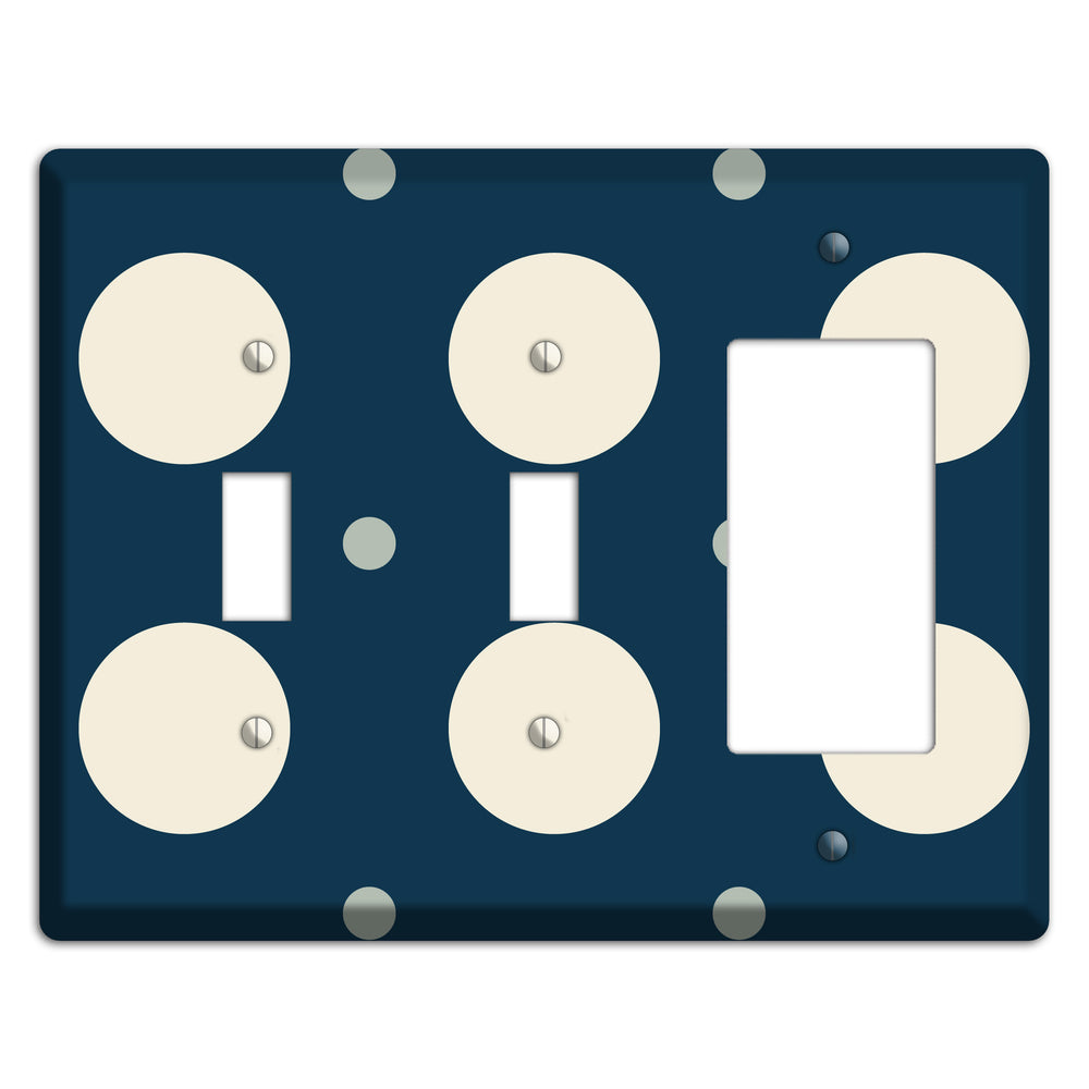 Navy with Off White and Blue Multi Medium Polka Dots 2 Toggle / Rocker Wallplate