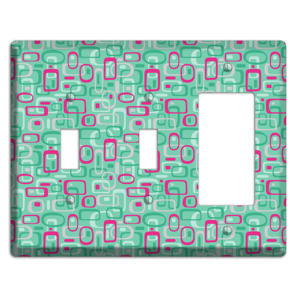 Aqua with Fuschia and Multi Green Retro Squares 2 Toggle / Rocker Wallplate
