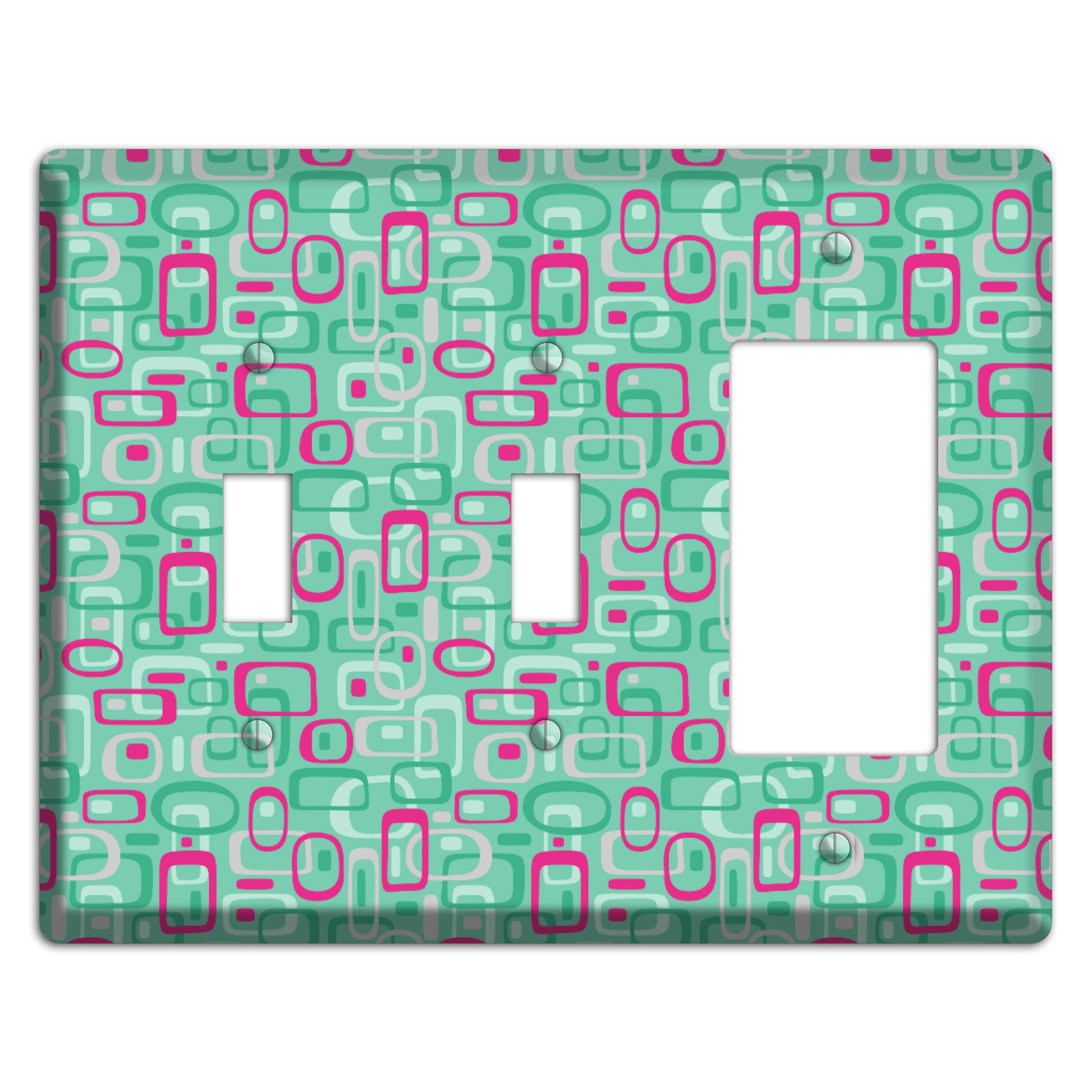 Aqua with Fuschia and Multi Green Retro Squares 2 Toggle / Rocker Wallplate
