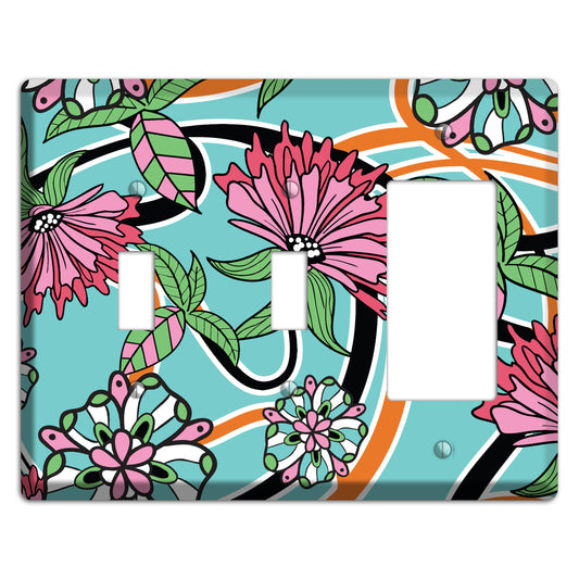 Turquoise with Pink Flowers 2 Toggle / Rocker Wallplate