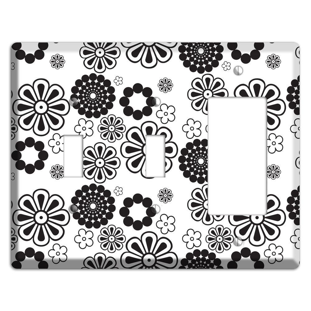 White With Black Retro Floral Contour 2 Toggle / Rocker Wallplate