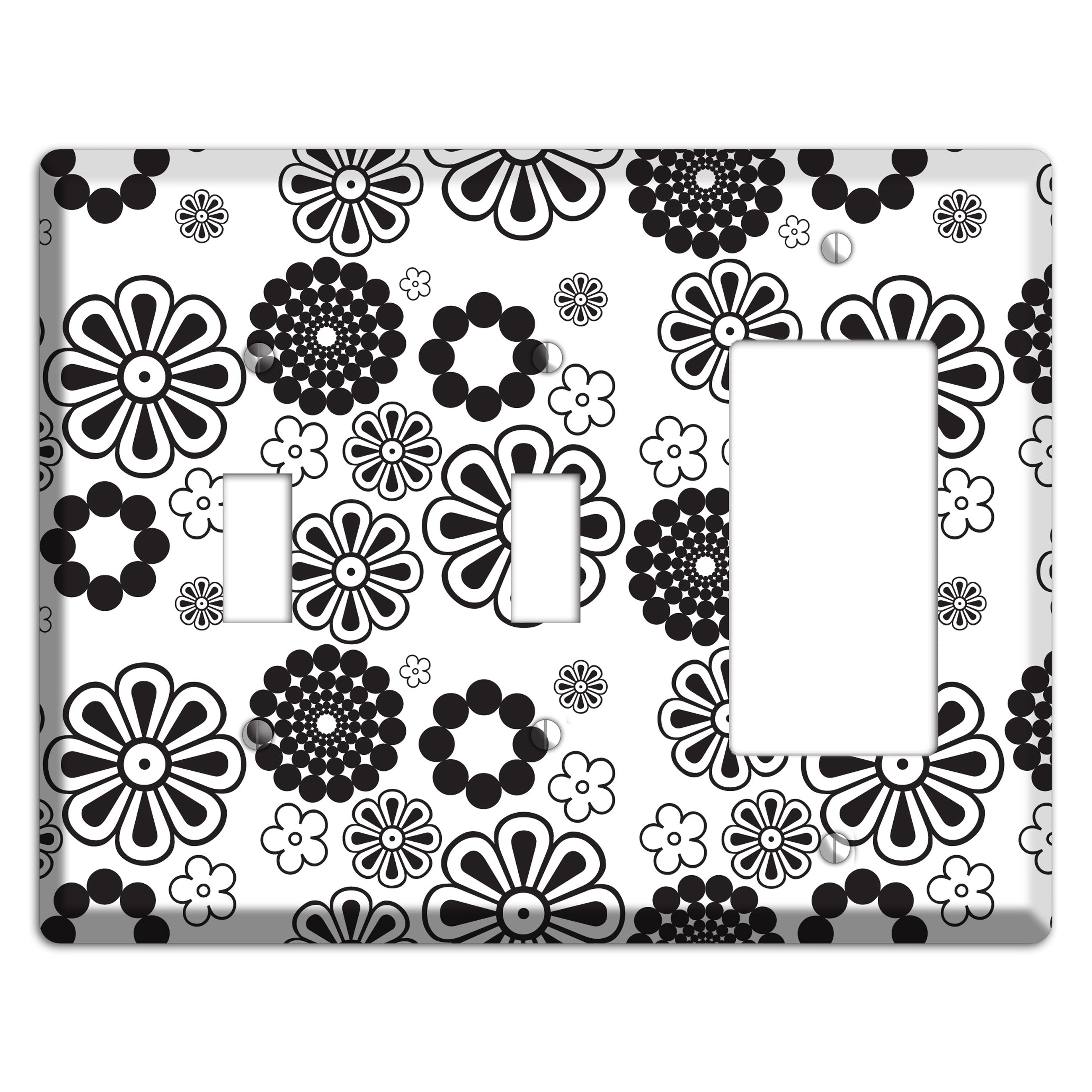 White With Black Retro Floral Contour 2 Toggle / Rocker Wallplate