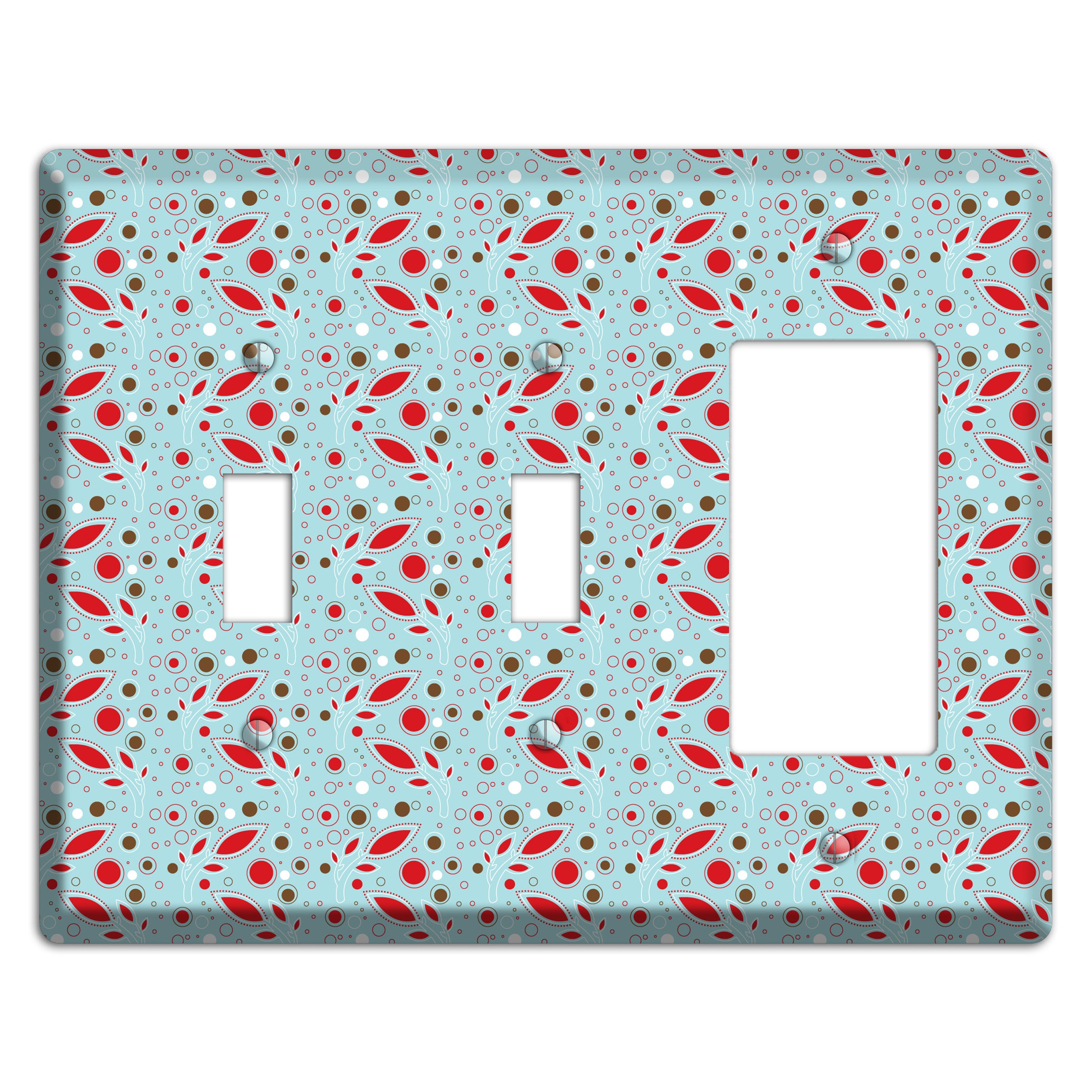 Dusty Blue with Red and Brown Retro Sprig 2 Toggle / Rocker Wallplate