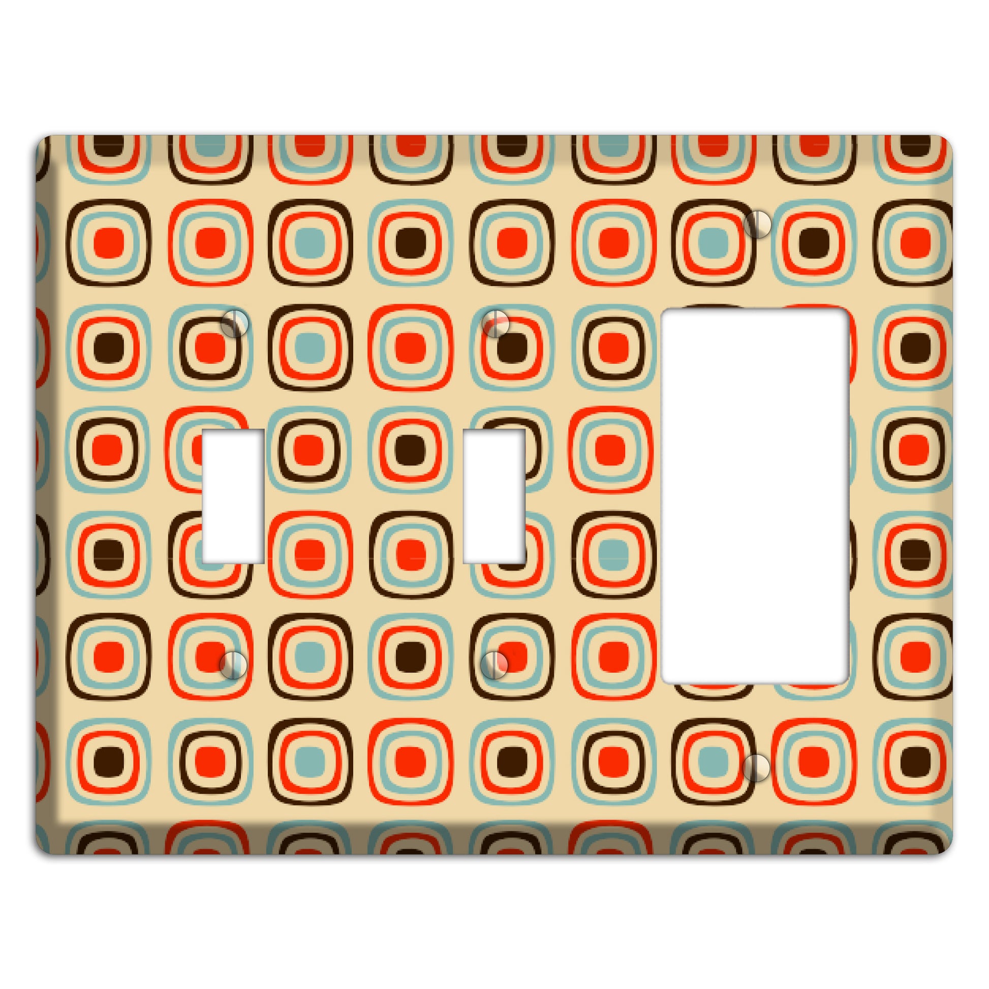 Multi Coral Dusty Blue and Brown Retro Squares 2 Toggle / Rocker Wallplate