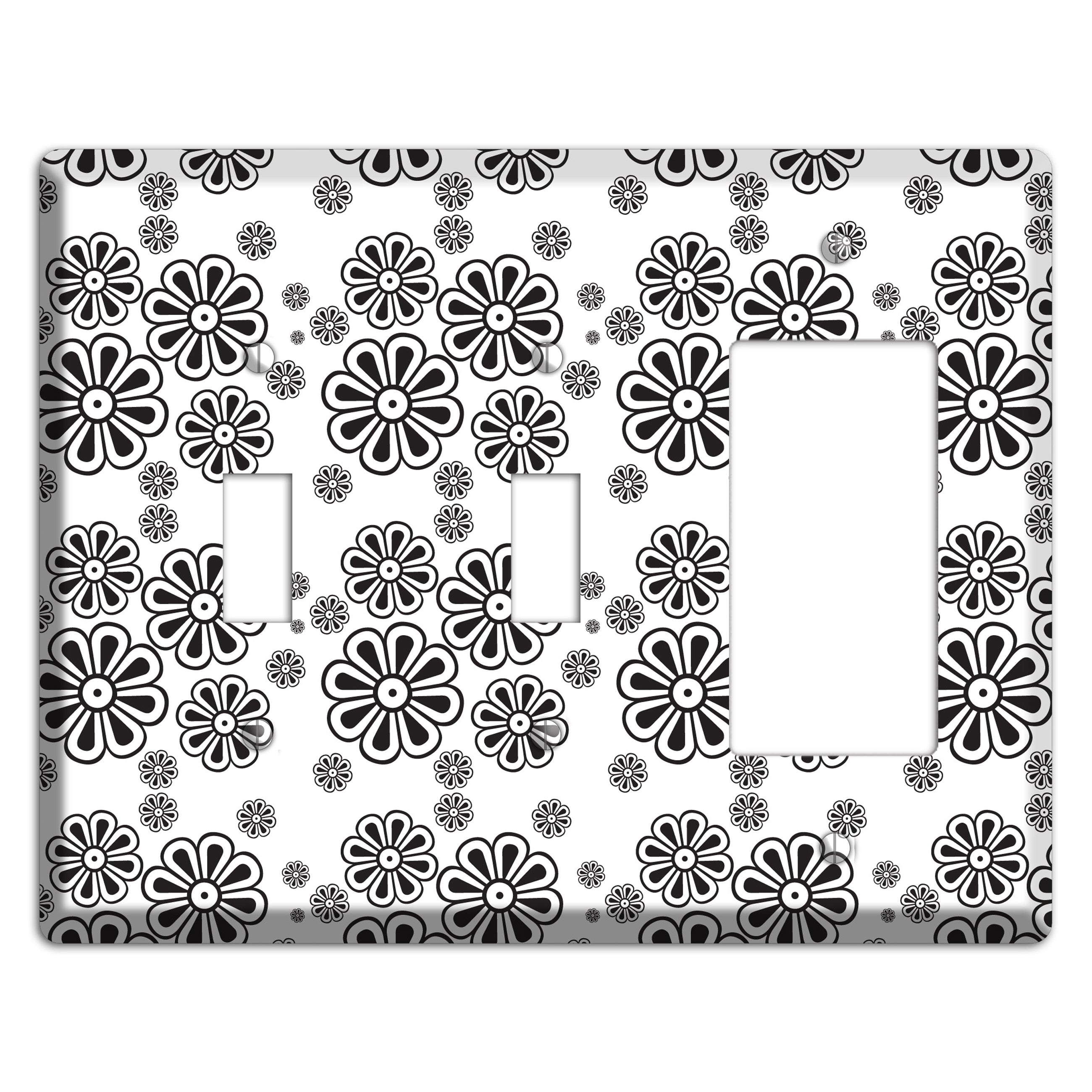 White With Black Small Retro Floral Contour 2 Toggle / Rocker Wallplate