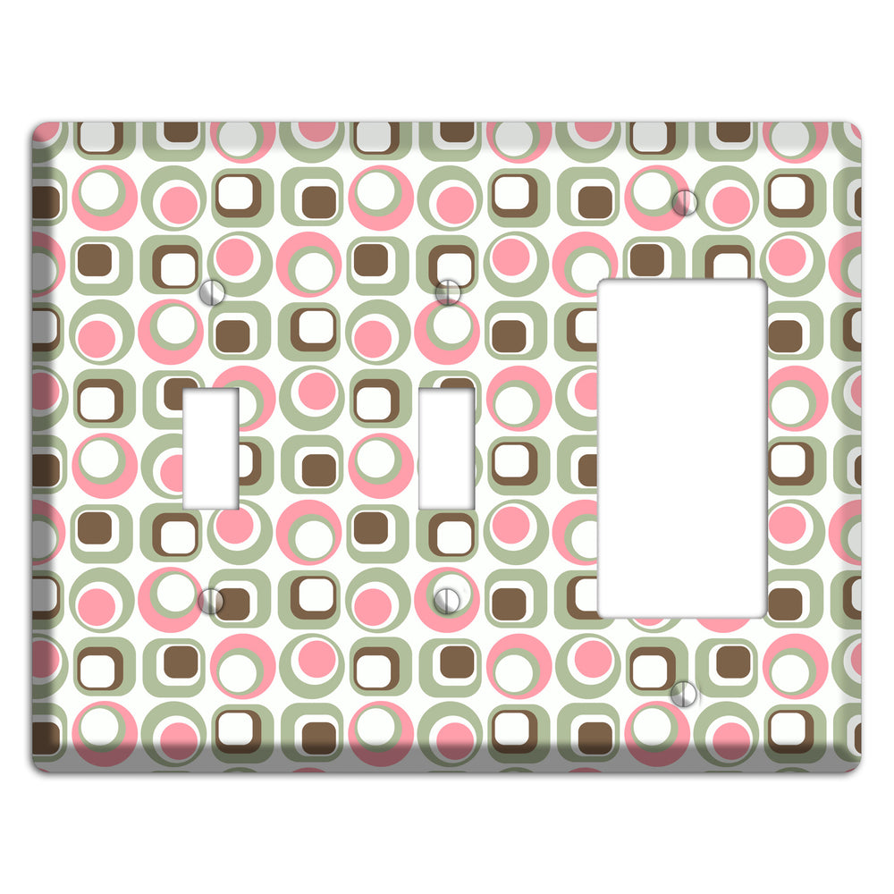 White with Pink Sage Brown Retro Squares and Circles 2 Toggle / Rocker Wallplate