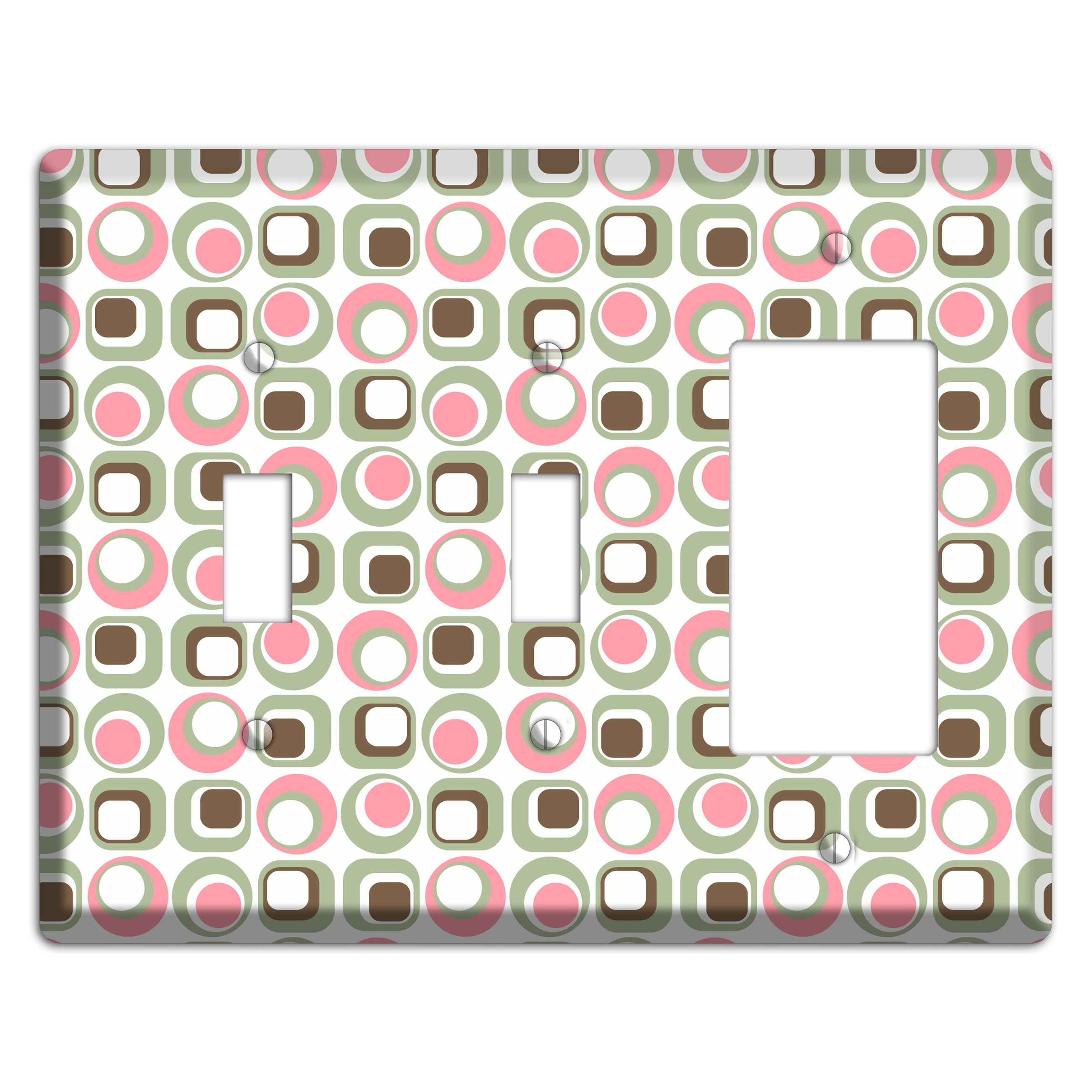 White with Pink Sage Brown Retro Squares and Circles 2 Toggle / Rocker Wallplate