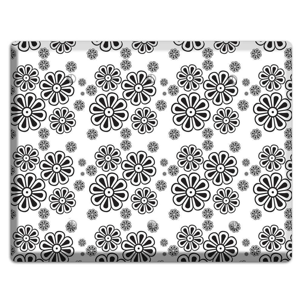 White With Black Small Retro Floral Contour 3 Blank Wallplate
