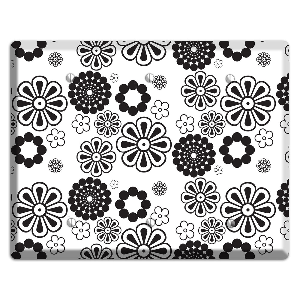 White With Black Retro Floral Contour 3 Blank Wallplate