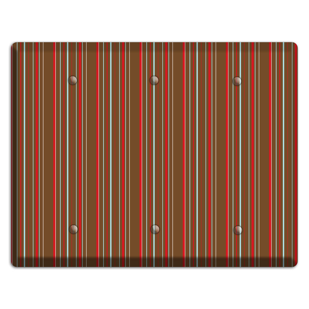 Brown Red and Dusty Blue Vertical Stripes 3 Blank Wallplate