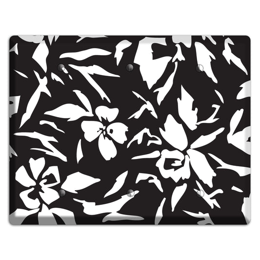 Black with White Woodcut Floral 3 Blank Wallplate