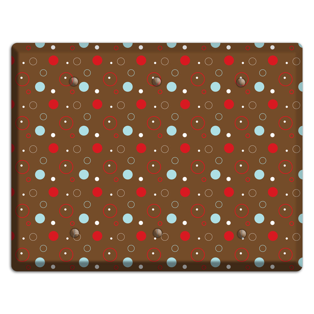 Brown with Red and Dusty Blue Dots and Circles 3 Blank Wallplate