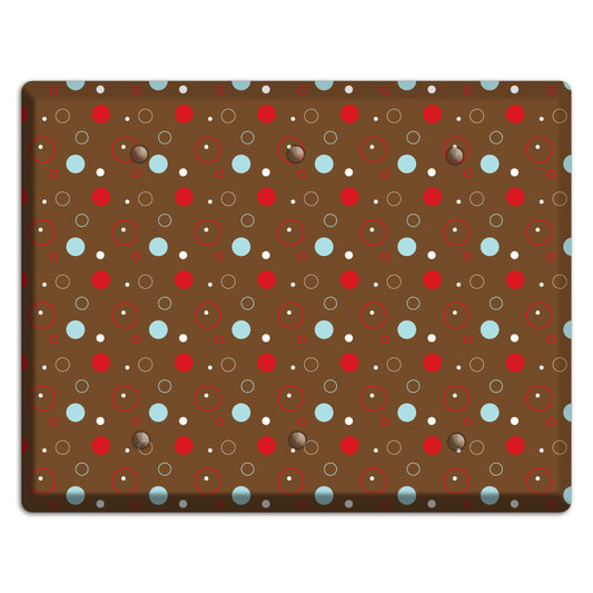 Brown with Red and Dusty Blue Dots and Circles 3 Blank Wallplate