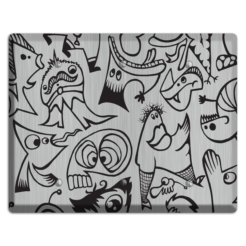 Whimsical Faces 2 Stainless Steel 3 Blank Wallplate