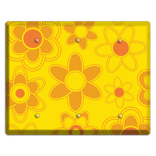 Yellow with Orange Retro Floral Contour 3 Blank Wallplate