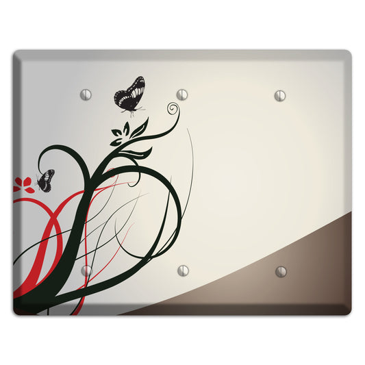 Grey and Red Floral Sprig with Butterfly 3 Blank Wallplate