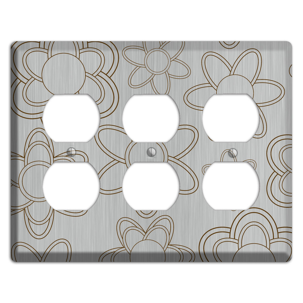 Retro Floral Contour Stainless Steel 3 Duplex Wallplate