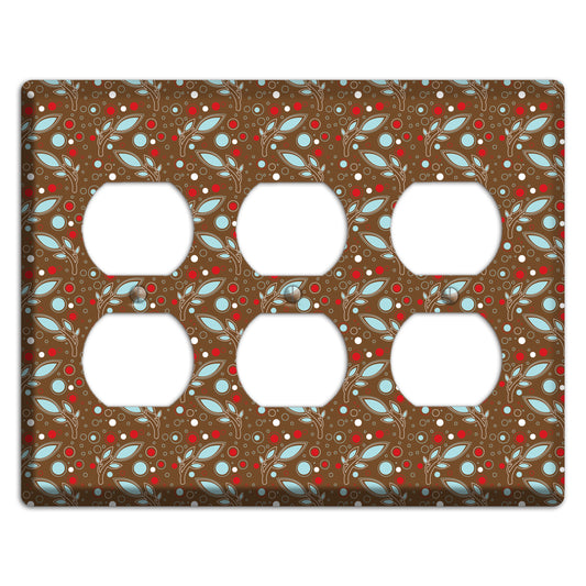 Brown with Red and Dusty Blue Retro Sprig 3 Duplex Wallplate