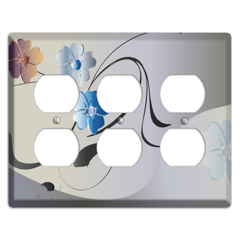 Grey and Blue Floral Sprig 3 Duplex Wallplate