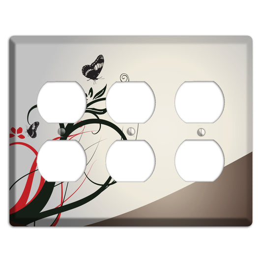 Grey and Red Floral Sprig with Butterfly 3 Duplex Wallplate
