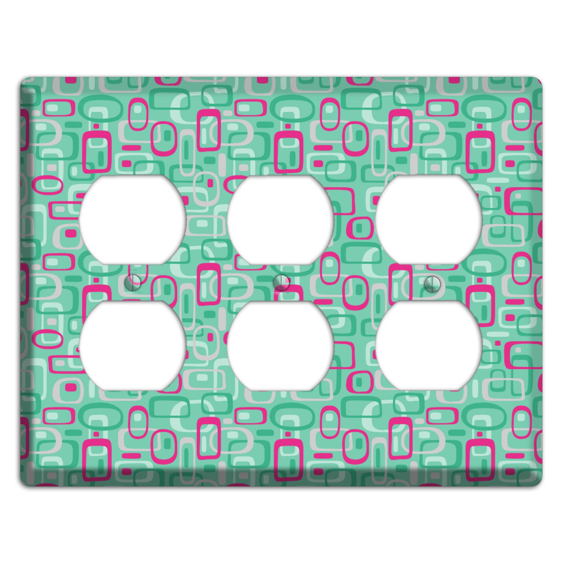 Aqua with Fuschia and Multi Green Retro Squares 3 Duplex Wallplate