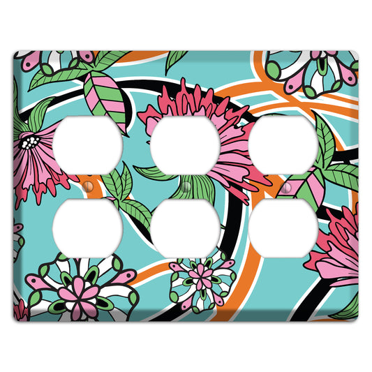 Turquoise with Pink Flowers 3 Duplex Wallplate