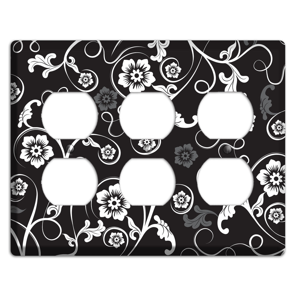 Black with White Flower Sprig 3 Duplex Wallplate