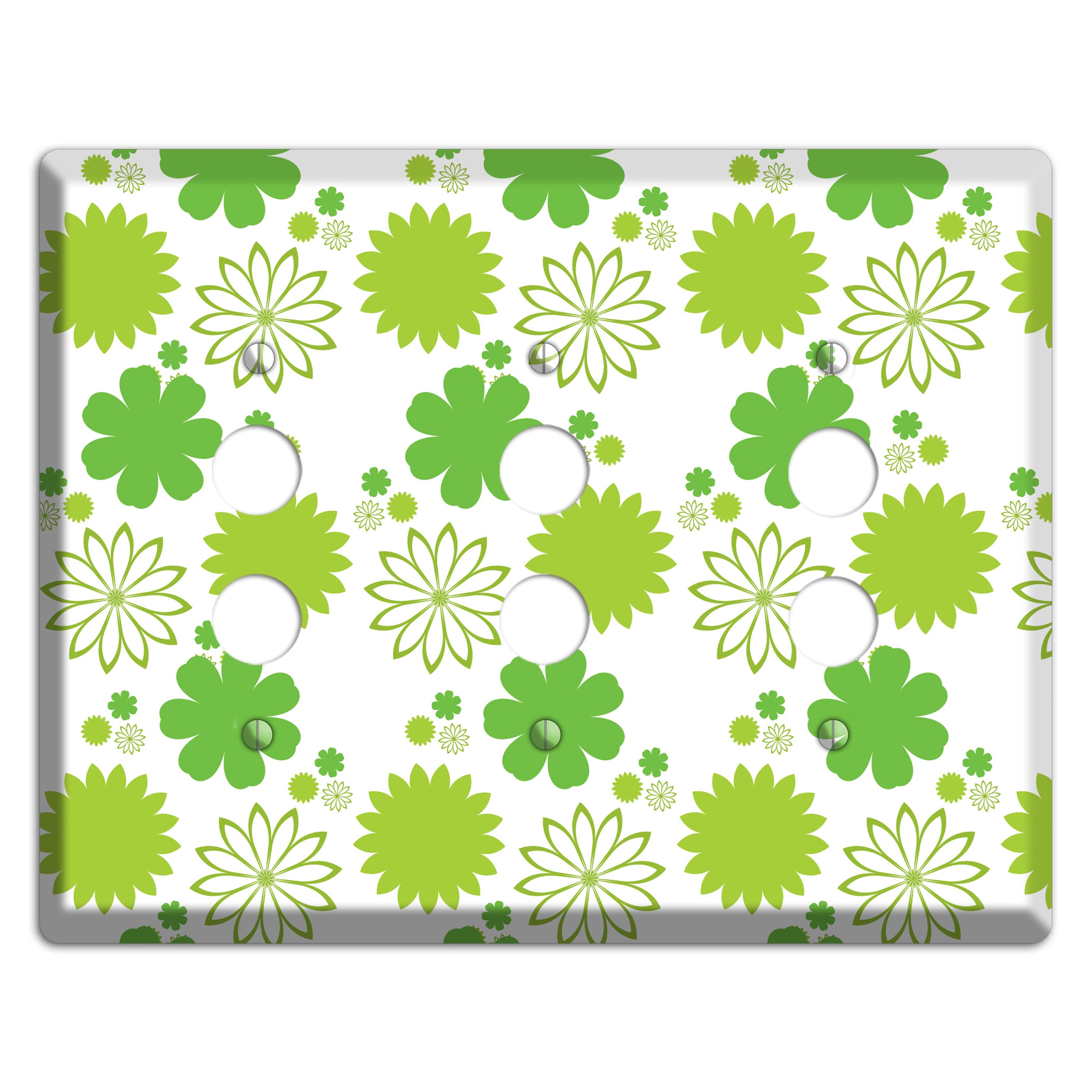 White with Multi Green Floral Contour 3 Pushbutton Wallplate
