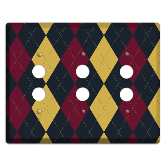 Deep Red and Yellow Argyle 3 Pushbutton Wallplate