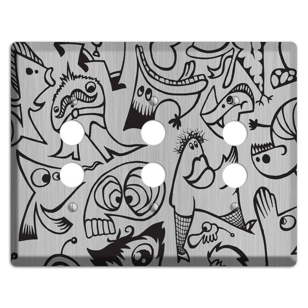Whimsical Faces 2 Stainless Steel 3 Pushbutton Wallplate