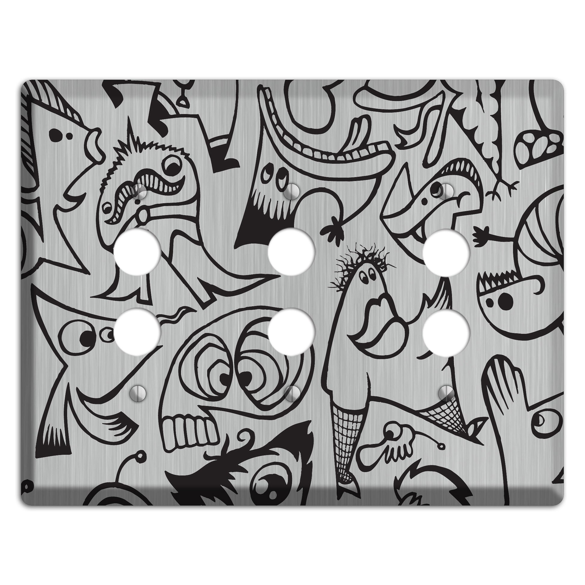 Whimsical Faces 2  Stainless 3 Pushbutton Wallplate