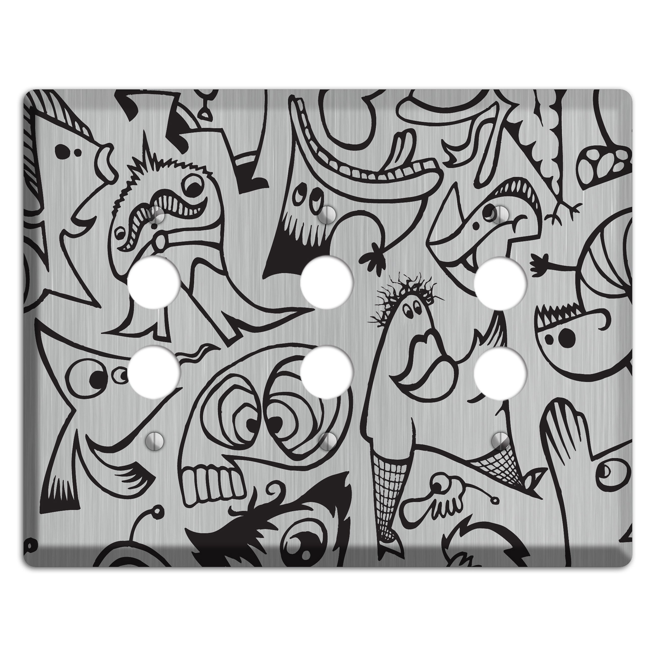 Whimsical Faces 2  Stainless 3 Pushbutton Wallplate