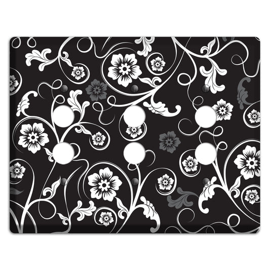 Black with White Flower Sprig 3 Pushbutton Wallplate