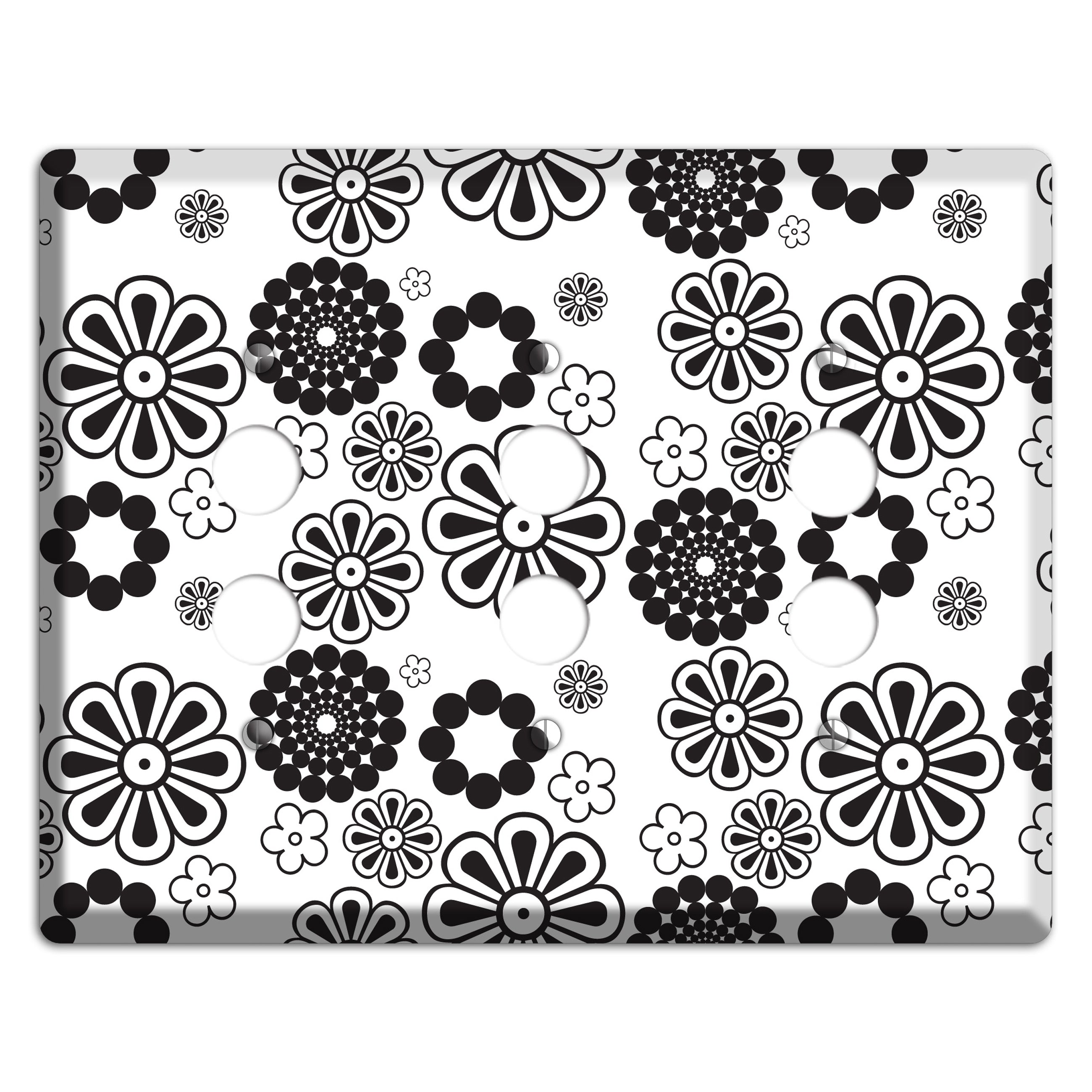 White With Black Retro Floral Contour 3 Pushbutton Wallplate