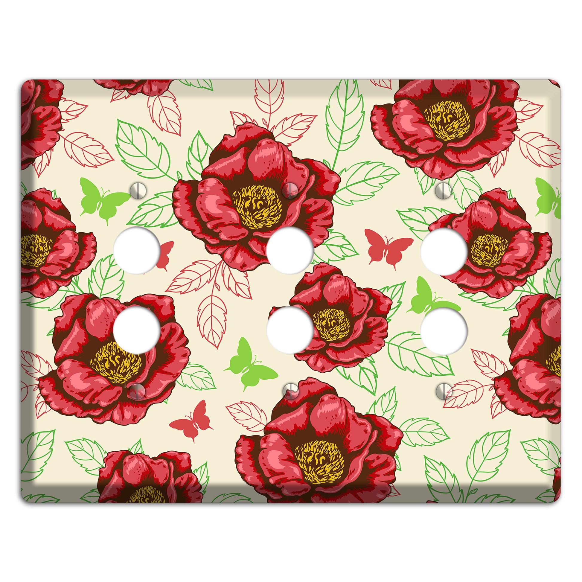Red Peony Style B 3 Pushbutton Wallplate