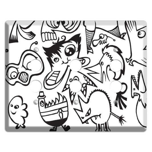 Black and White Whimsical Faces 3 3 Pushbutton Wallplate