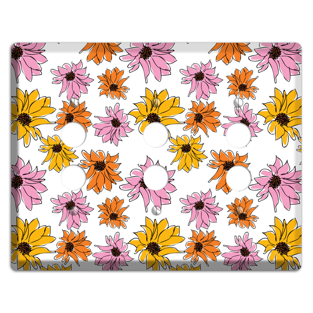 Pink Orange Yellow Flowers 3 Pushbutton Wallplate