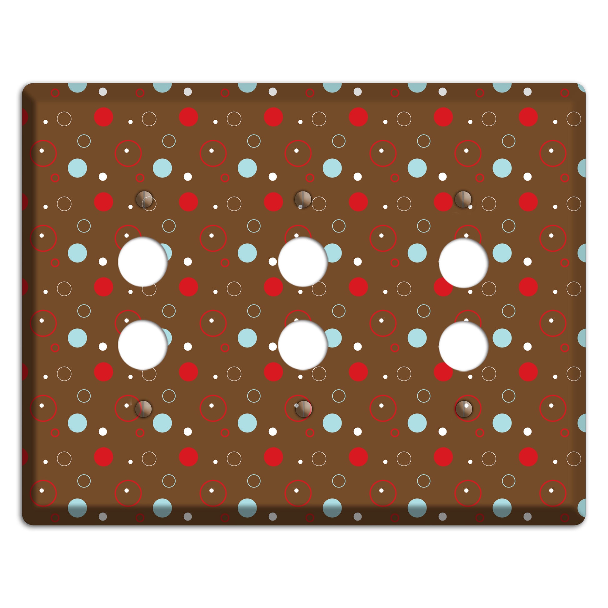 Brown with Red and Dusty Blue Dots and Circles 3 Pushbutton Wallplate