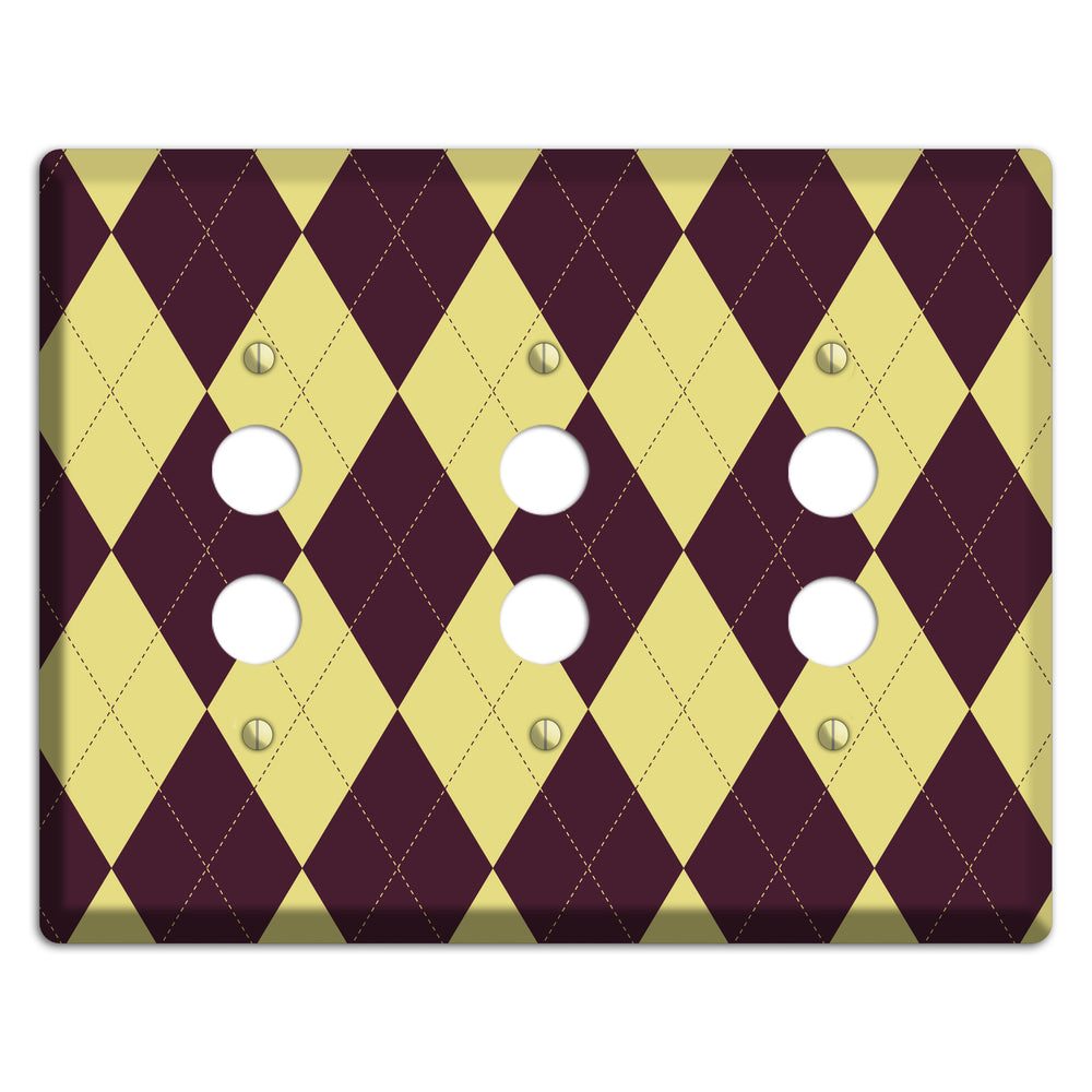Yellow and Dark Maroon Argyle 3 Pushbutton Wallplate