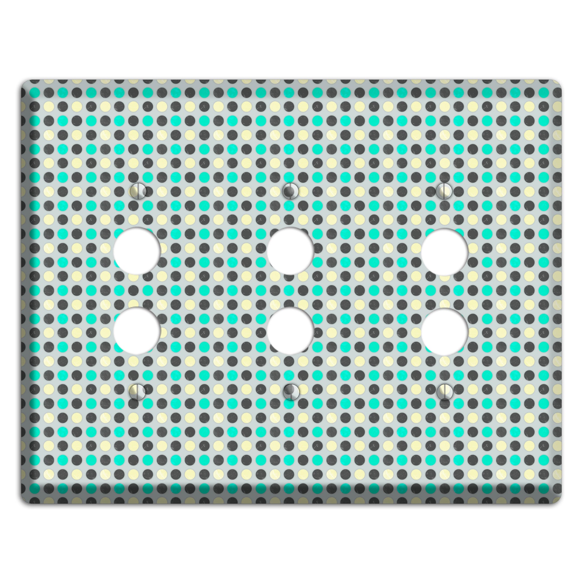 Grey with Black Off White and Turquoise Dots 3 Pushbutton Wallplate