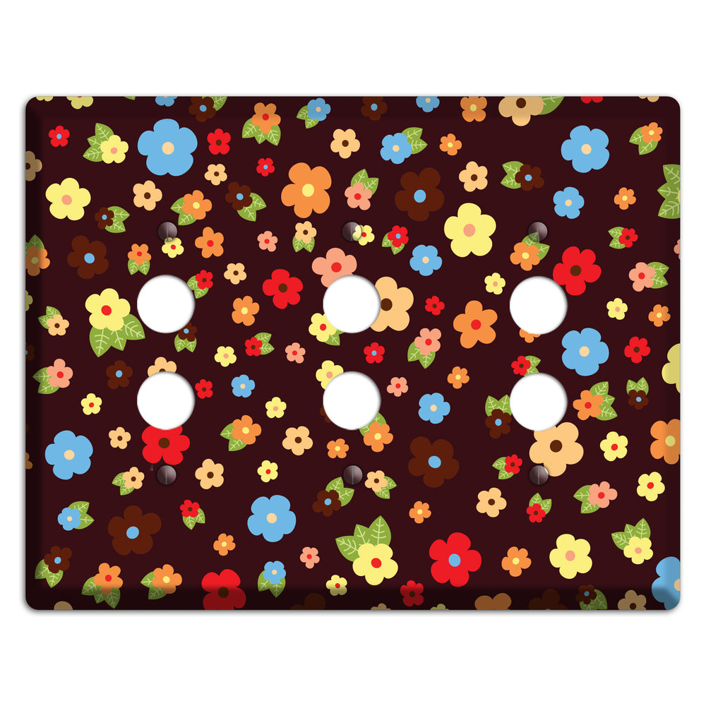 Brown Tiny Delicate Flowers 3 Pushbutton Wallplate