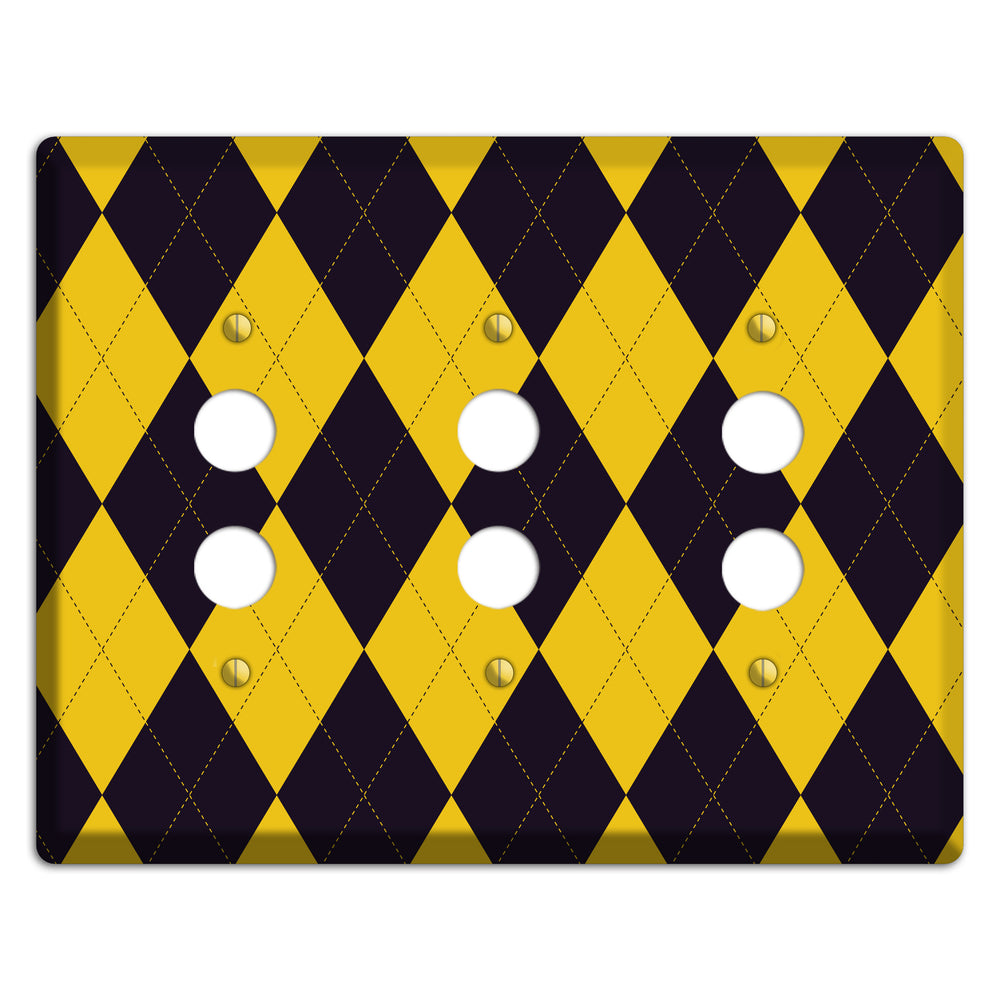 Yellow and Dark Purple Argyle 3 Pushbutton Wallplate